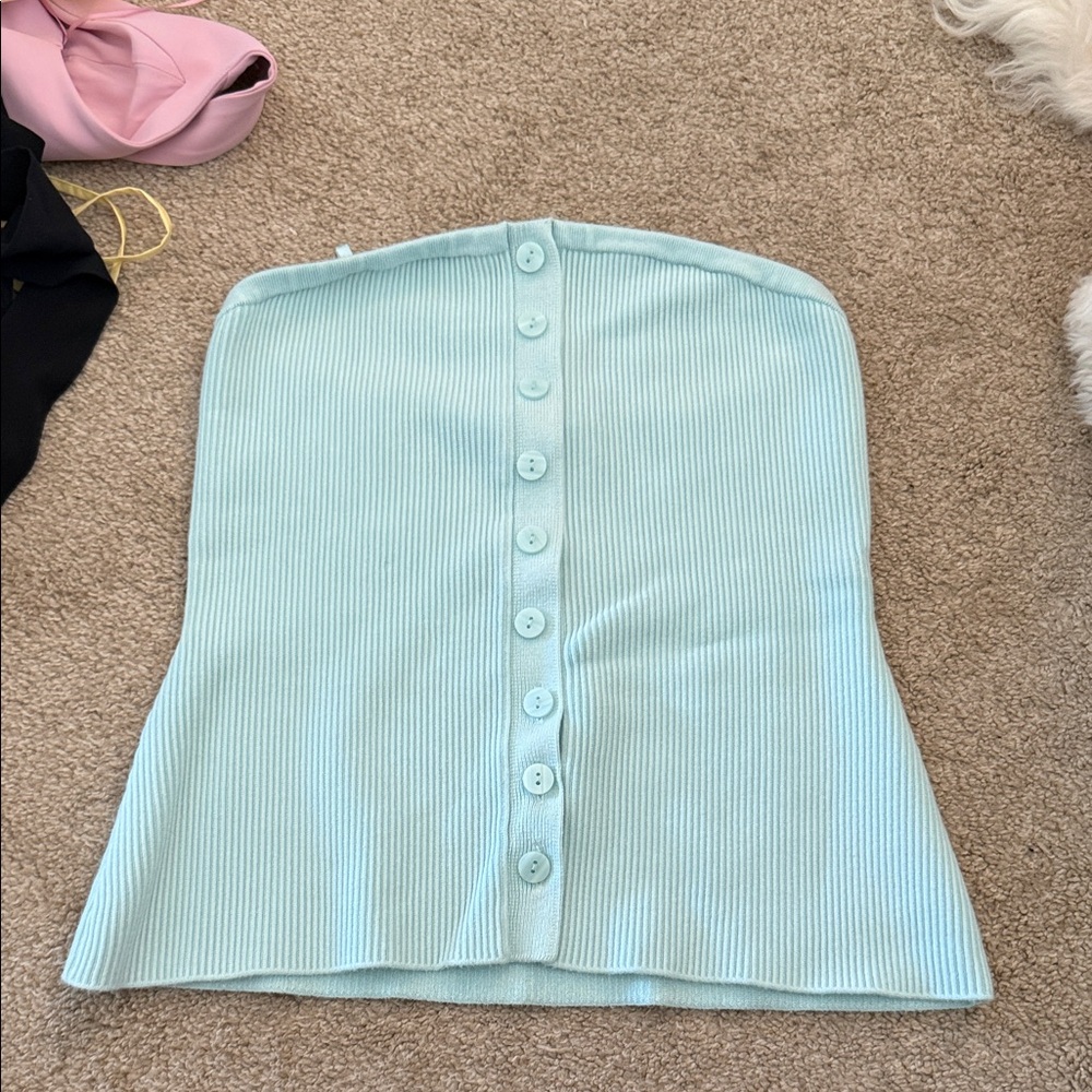 Light blue Ribbed Button-Front Strapless Top